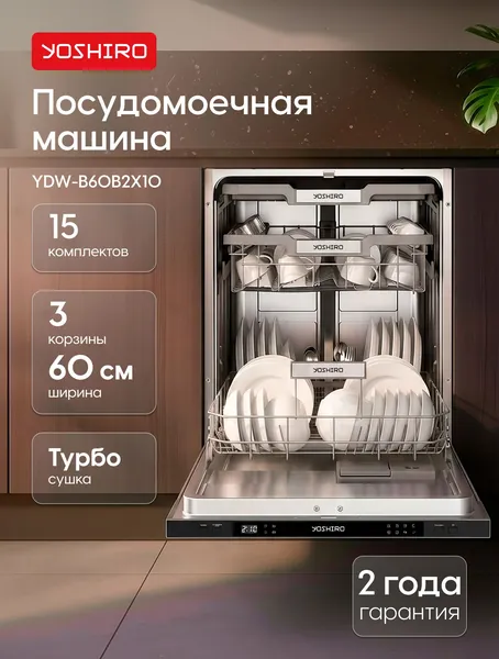 Yoshiro Встраиваемая посудомоечная машина YDW-B60B2X10 60см, 15 комплектов, 8 программ, 3 корзины, луч на полу, предварительная, интенсивная, двойная, турбосушка, защита от протечек, черная