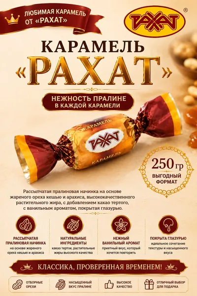 Рассыпчатая пралиновая начинка на основе жареного ореха кешью и арахиса, высококачественного растительного жира, с добавлением какао тертого, с ванильным ароматом, покрытая глазурью. 250 гр