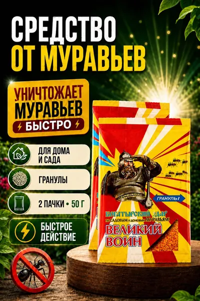 Великий Воин гранулы от муравьев 50 г х 2, средство против муравьев для дома, сада и теплицы