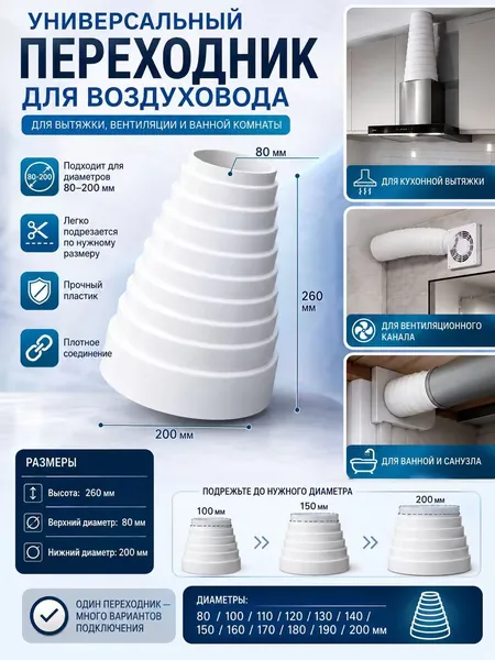 Переходное кольцо для вытяжки (редуктор), усиленное, для вытяжной трубы, нержавеющая сталь, диаметр 80-200 мм, 1 шт