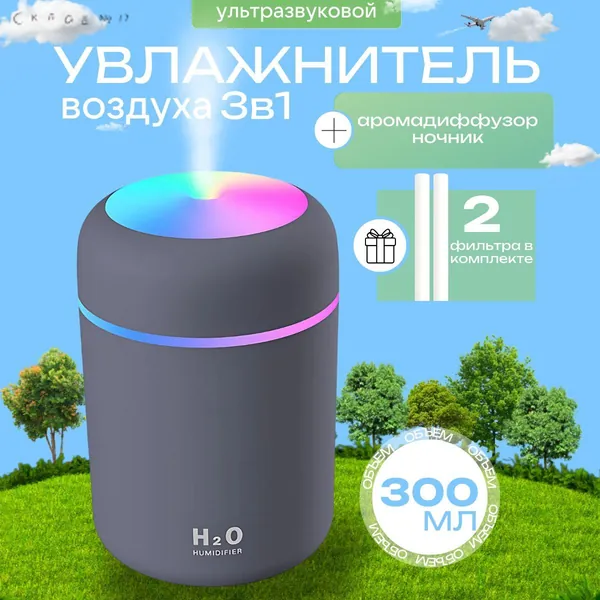 Увлажнитель воздуха мини с подсветкой, в комплекте с фильтром, для дома, для новорожденных, для автомобиля, для цветов, серый