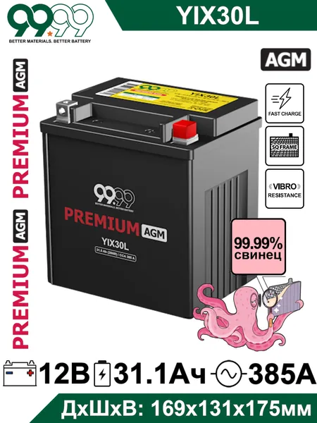 Мото аккумулятор стартерный 9999 YIX30L-BS 12В 31,5Ач (12V 31,5Ah) обратная полярность 385А (CT 1230) AGM, аккумулятор для мотоцикла, квадроцикла, гидроцикла, снегохода, генератора