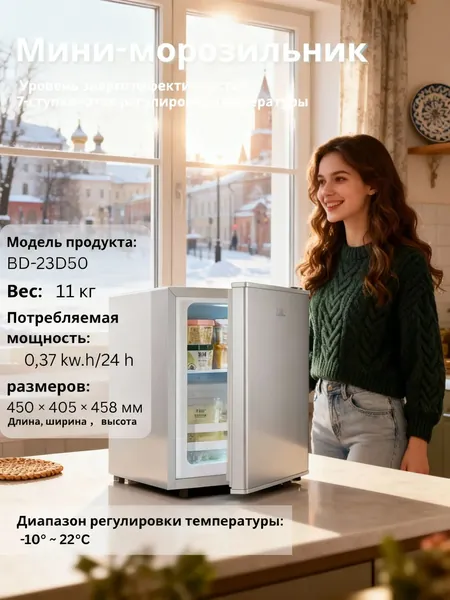 Морозильная камера Морозильник 23 л для дома, 2 выдвижных контейнера, прозрачный
