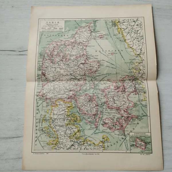 Географическая карта антикварная. Дания. 1904 год