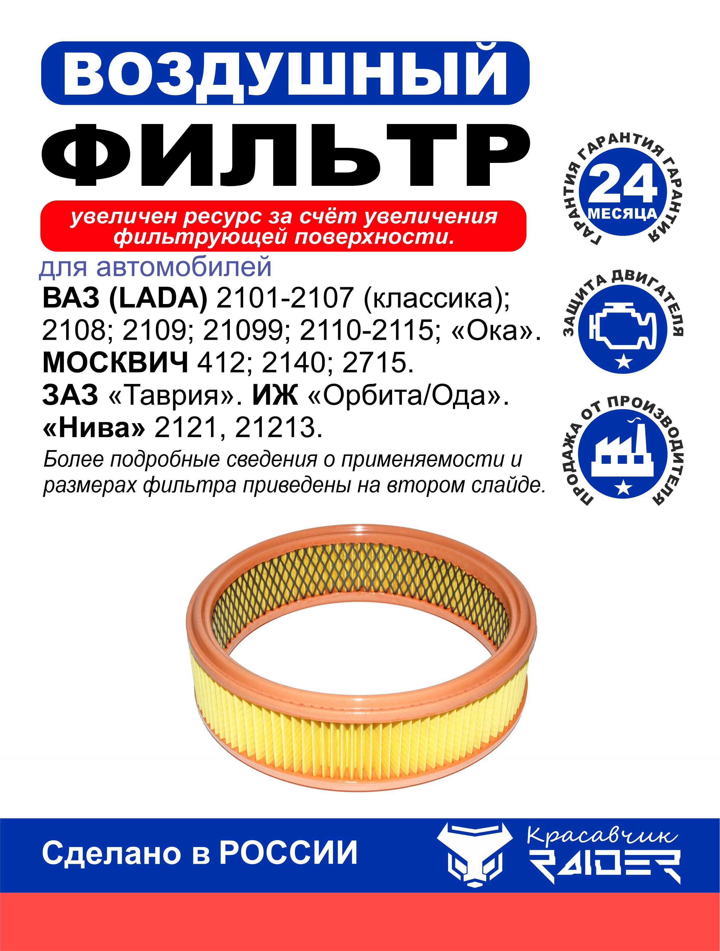 Фильтр воздушный для а/м ВАЗ (Lada) 2101-2107 : классика; 2108; 2109; 21099; 2110-2115; Ока. Москвич 412; 2140; 2715. Заз Таврия. ИЖ Орбита/Ода. Нива 2121, 21213. (карбюраторные); OEM: 210100110910082