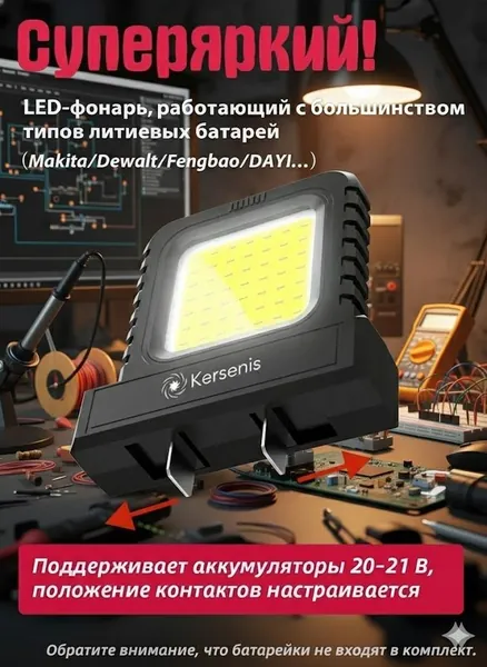 Kersenis универсальная светодиодный рабочий фонарь 20-21V. совместим с аккумуляторами типа Makita/Dewalt/Fengbao/DAYI, длительное использование на стройплощадках (без аккумулятора)
