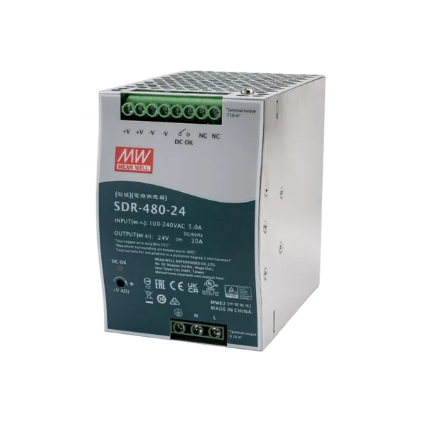 SDR-480-24 MEAN WELL Блок питания на DIN-рейку импульсный 480 Вт 24 В 20 А со стабилизацией по напряжению для промышленного оборудования и автоматизации производства, встроенным ККМ и защитами