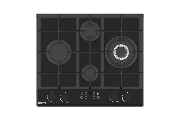 Варочная панель газовая GARTZ HGB671B Magiсook 4 конфорки, 60 см, мощность 8600 Вт, закаленное стекло, чугунные решетки, автоматический электроподжиг, газ-контроль, WOK-конфорка