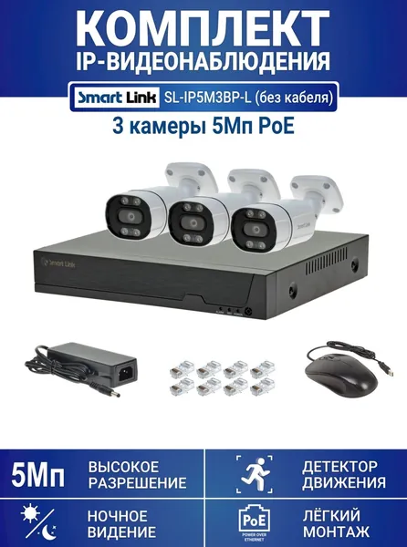 Комплект уличного IP видеонаблюдения PoE 5Мп на 2 камеры, с записью на жёсткий диск, с удалённым просмотром, для дома / дачи / бизнеса (без HDD и кабеля). Smart Link SL-IP5M3BP-L