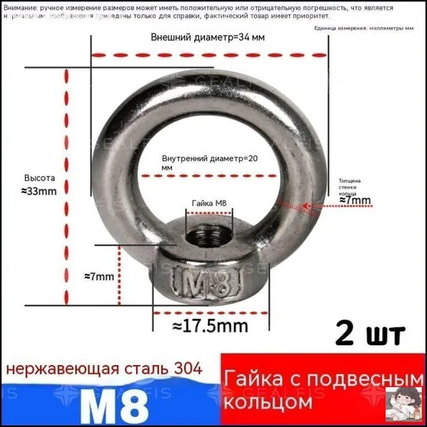 Рым-гайка М8 DIN 582 нержавеющая А4 - 2 шт