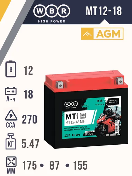 Аккумулятор для мототехники WBR SMT12-18 12В/18Ач (YTX20L-BS, YTX20HL-BS YB16CL-B, YB16L-B, YB18L-A) для запуска двигателя мотоциклов, скутеров, гидроциклов, квадроциклов, снегоходов